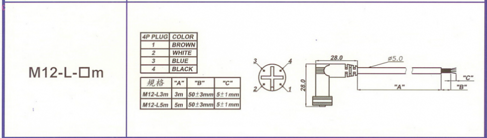 Роз'єм кутовий M12-L-3M (M124R-3M-L) 